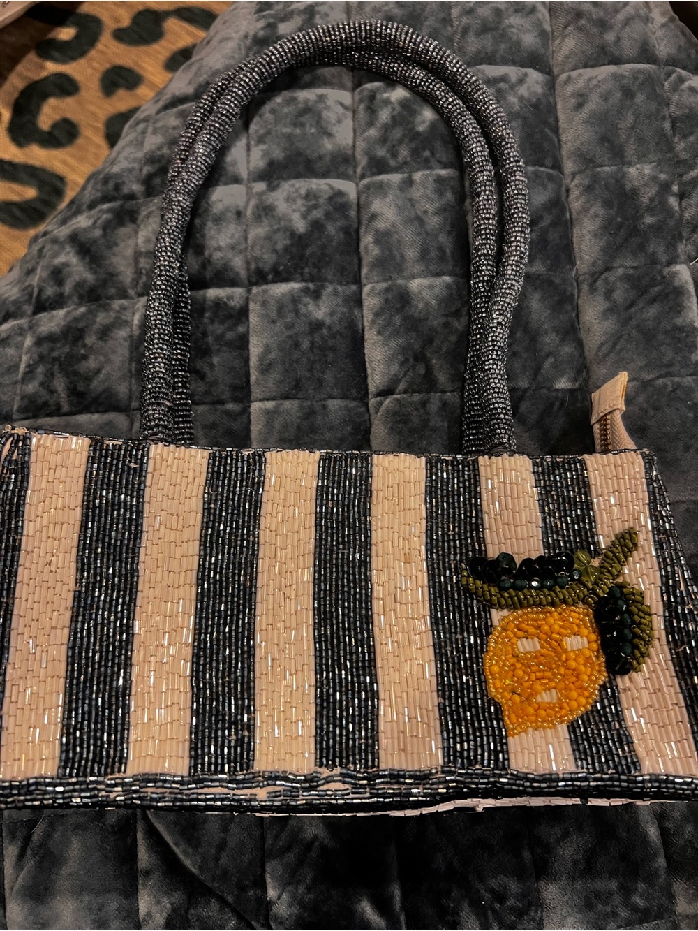 Navy and white striped beaded bag with lemon motif